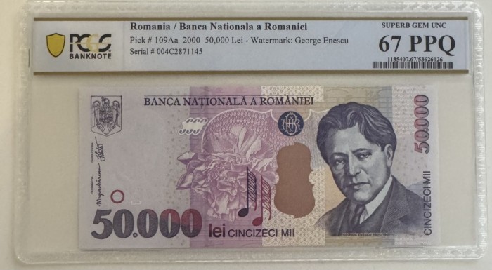 50000 lei 2000 PCGS67 UNC bancnota gradata