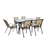 Set Mobilier Gradina Arlon 6+1 Bej, Masa Sticla, Scaune Textilena, Cadru Metalic, 6 Locuri