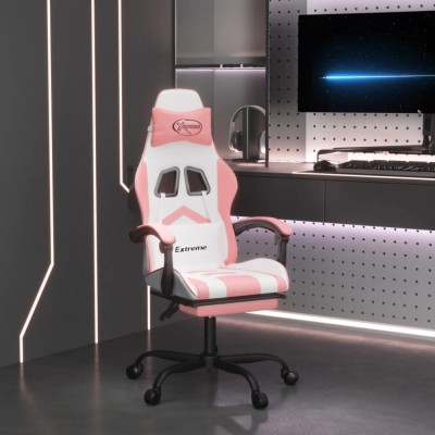 vidaXL Scaun de gaming pivotant cu suport picioare, alb&amp;amp;roz, piele eco foto
