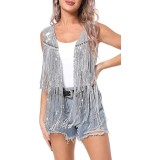 Vesta de dama cu paiete SEAUR, fara maneci, argintiu, marime S - OUTLET