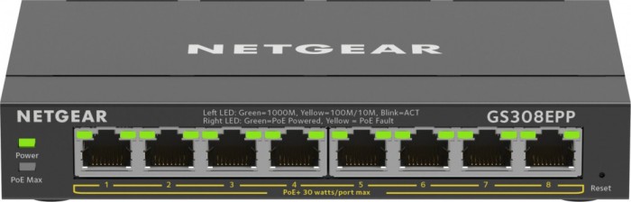 NETGEAR 8-Port Gigabit Ethernet High-Power PoE+ Plus Switch (GS308EPP) Gestionate L2/L3 Gigabit Ethernet (10/100/1000) Power over Ethernet (PoE) Supor