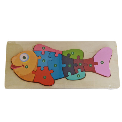 Puzzle 3D educativ incastru Montessori numerotat cu peste, Onore, multicolor, lemn, 30 x 13 x 1 cm, foto