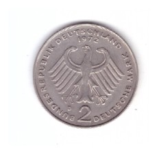 Moneda Germania 2 mark/marci 1972 D, Theodor Heuss, stare buna, curata