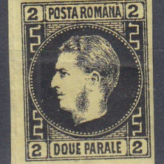 ROMANIA 1866 LP 18 a CAROL FAVORITI 2 PAR. HARTIE SUBTIRE NEGRU/GALBEN SARNIERA