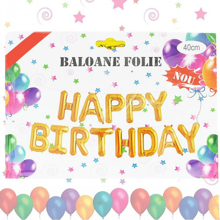 Set baloane Happy Birthday, inaltime 40 cm, folie aurie