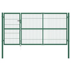 Poartă gard de grădină cu st&acirc;lpi, verde, 350 x 140 cm, oțel