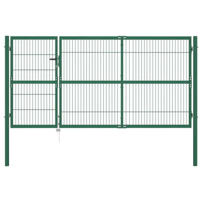 vidaXL Poartă gard de grădină cu st&acirc;lpi, verde, 350 x 140 cm, oțel