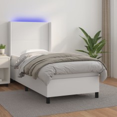 vidaXL Pat cu arcuri, saltea și LED, alb, 90x190 cm, piele ecologică 3139236