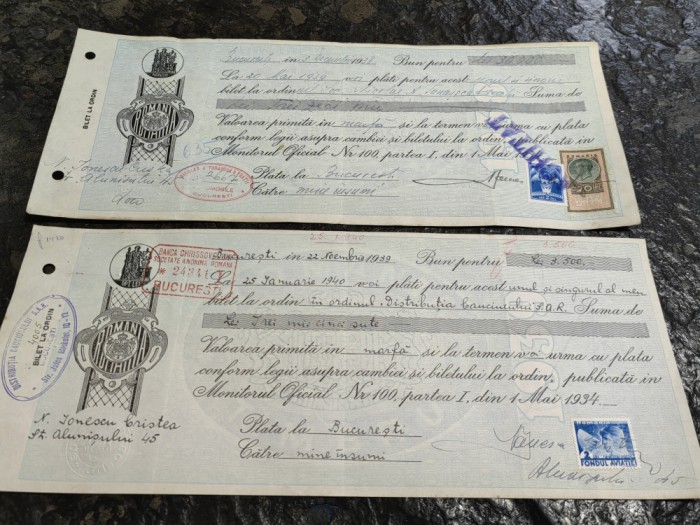 Lot Cambie, Bilet la Ordin, 1938,Timbru Sec, semnat, Nicolae Ionescu Cristea,rar