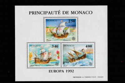 Monaco 1992-Europa CEPT,Transport,Nave,Cristofor Columb,Bloc dantelat,MNH, foto