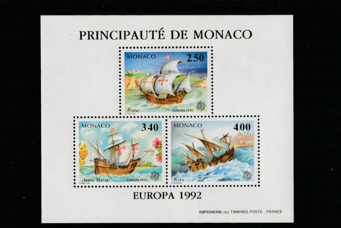 Monaco 1992-Europa CEPT,Transport,Nave,Cristofor Columb,Bloc dantelat,MNH,