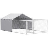 PawHut Țarc pentru C&acirc;ini de Exterior cu Acoperiș Anti-UV Impermeabil și Boluri Rotative, 400x230x150 cm, Argintiu | Aosom Romania