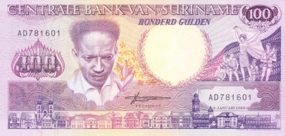 Bancnota Suriname 100 Gulden 1988 - P133b UNC foto