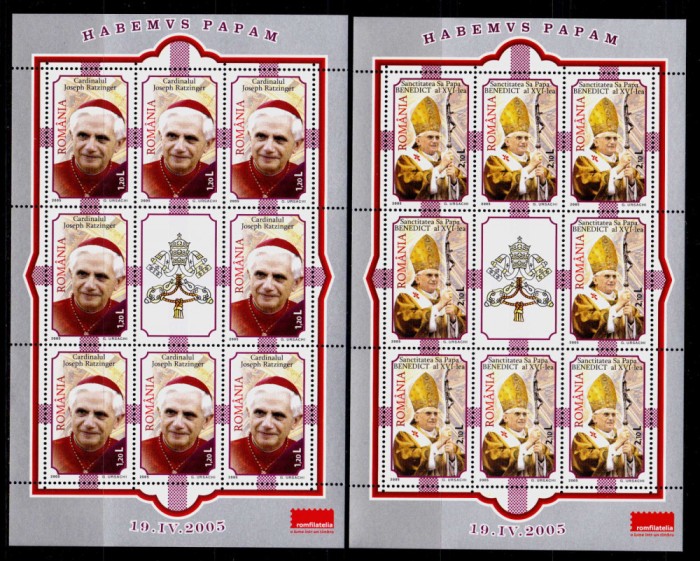 RO 2005 ,LP 1690b,&quot;Pontificat-Benedict al XVI-lea &quot;, minicoli de 8M+1V ,MNH