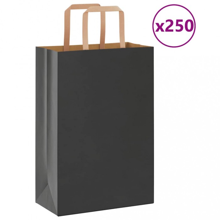 vidaXL Pungi de h&acirc;rtie 250 buc cu m&acirc;nere negre 21x11x31 cm