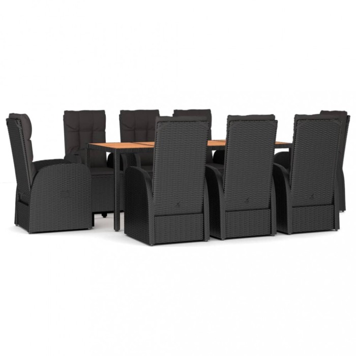 Set mobilier de gradina cu perne, 9 piese, negru, poliratan