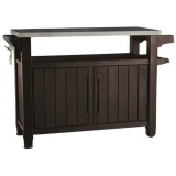 Dulap terasa maro, Keter, pentru depozitare, material rezistent UV, cu blat din otel inoxidabil, 2 usi, 183 L, 1237 x 54 x 90 cm, cu roti si carlige l