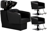 Set Pikos negru, spălătorie frizerie, 2 scaune hidraulice rotative, suport picioare, chiuvetă mobilă, bol ceramic, baterie duș