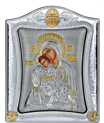 Icoana argintata - Maica Domnului Milostiva - Kykkiotisa 16x19 cm foto