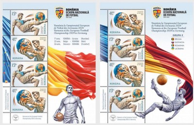 Romania la CE de Fotbal din Germania, minicoală de 4 timbre (2 serii) tip I+ II, 2024, LP 2471b+2471c, MNH foto