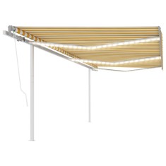 vidaXL Copertină automată cu senzor v&acirc;nt &amp; LED, galben și alb, 6x3,5 m