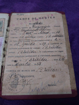 Carte MESTER/Carnet de Mester,CAZANGIU,Braila,1938,document vechi de colectie foto