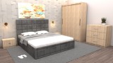 Dormitor Regal cu Pat Tapitat Gri stofa cu dulap usi glisante Sonoma fara oglinda si cu comoda Tv