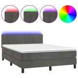 Cumpara ieftin Pat cu arcuri, saltea si LED, gri inchis, 140x200 cm, catifea