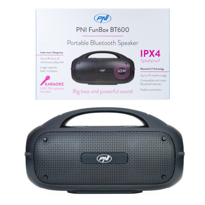 Boxa portabila PNI FunBox BT600, cu Bluetooth, 65W, MP3 player, cititor card, USB, microfon fara fir, acumulator 4400mAh, IPX4 PNI-BT600 foto