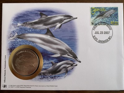 grenada - delfini - FDC cu medalie, fauna wwf foto