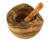 Mojar rustic din lemn de maslin cu pistil, diametru 12 cm, inaltime 9-11 cm