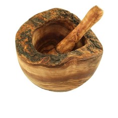 Mojar rustic din lemn de maslin cu pistil, diametru 12 cm, inaltime 9-11 cm