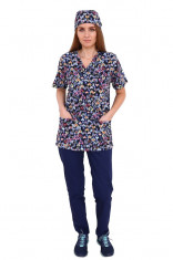 Costum medical Hearts, cu bluza cu imprimeu si pantaloni bleumarin cu elastic S INTL foto