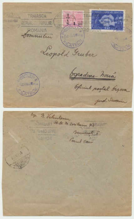 ROMANIA 1948 timbru Recensam&acirc;nt efectiv circulat pe plic cu stampile speciale