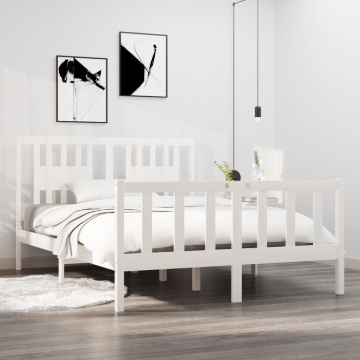 vidaXL Cadru de pat dublu 4FT6, alb, 135x190 cm, lemn masiv