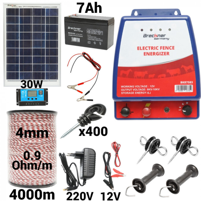 Kit pachet gard electric 6 Joule 12 220V panou baterie 7ah 4000m (BK87583-4000-4mm-30W-7ah)