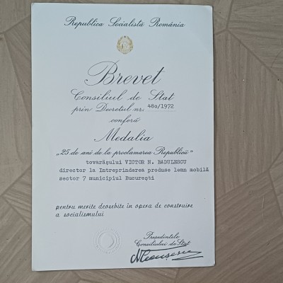 BREVET PE NUMELE VICTOR N.BARBULESCU DIRECTOR FABRICA DE MOBILA SECT.7-1972 foto