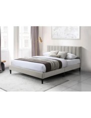 Pat dublu KL Amalia, tapitat cu catifea, somiera inclusa, structura lemn masiv, 160x200 cm, bej foto