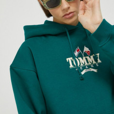 Tommy Jeans bluza femei, culoarea verde, cu glugă, cu imprimeu