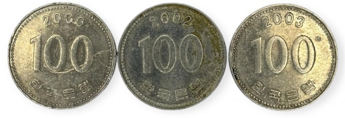 Coreea de Sud , lot 23 - 3 buc x 100 Won 2000 , 2002 , 2003