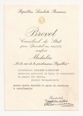 BREVET MEDALIA - 25 DE ANI DE LA PROCLAMAREA REPUBLICII 1972 foto