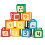 Set cuburi din lemn pentru bebelusi, pevazute cu silicon pentru atenuarea zgomotului, 10 piese, Hape