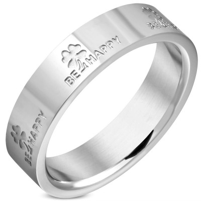 Inel argintiu din oțel - inscripții BE HAPPY și trifoi-cu-patru-foi, 4 mm - Marime inel: 49 foto
