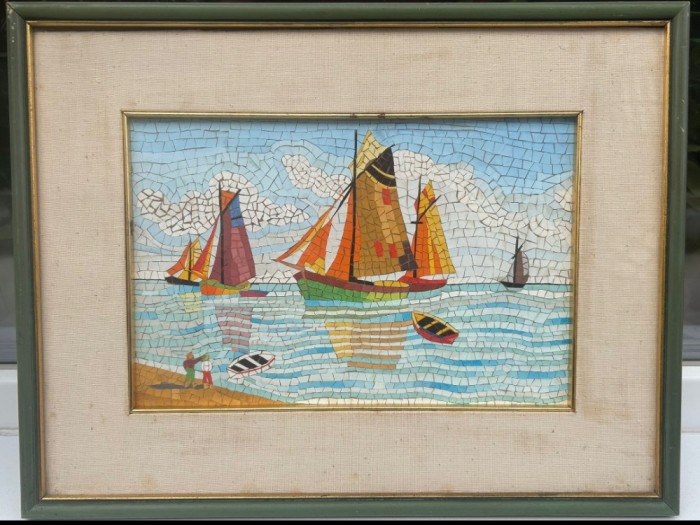 Tablou din mozaic sticlă Peisaj Marin cu Barci realizat manual inramat 33x43cm