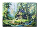 Tablou cabana in padure pictat manual, Oaza de liniste, 70x50cm ulei pe panza, Mircea Iordache