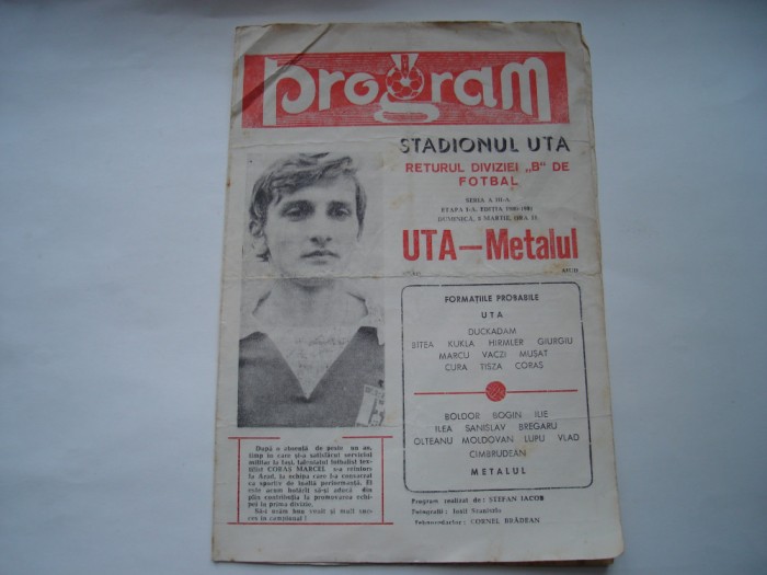 Program UTA Arad - Metalul Aiud, 8 martie 1980/1981