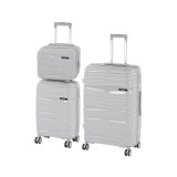 Set 3 Valize Rigide Leziter TraveLux Voyager IX, Gri Modern, Plastic PP, Roti Duble 360&deg;, Sistem TSA, Cabina (55x40x20cm) + Medie + Mare