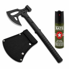 Set topor si spray autoaparare DEPOX&reg;, otel inoxidabil, negru, 42 cm/60 ml, teaca inclusa
