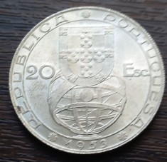 (A674) MONEDA DIN ARGINT PORTUGALIA - 20 ESCUDOS 1953, REFORMA FINANCIARA