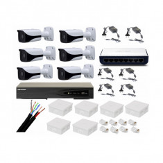 Kit profesional 6 camere supraveghere IP 5MP, IR 80m, metalica + NVR 8 Canale 4K HikVision + Surse + Cablu + Mufe + Switch foto